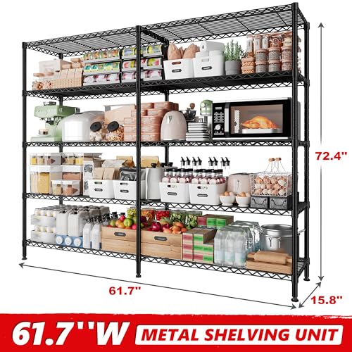 Image of REIBII 5-Tier Heavy Duty Metal Shelving, 1500LBS 72.4 inch H Storage Shelf | 300 lbs /shelf, reinforced steel with powder-coat, tool-free height clips, in-line or L-shape, leveling feet, 10-min assembly