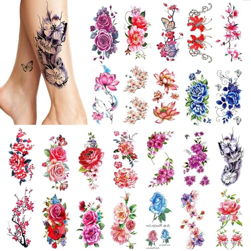PHOGARY 24 pièces Femmes Tatouages ​​Temporaires (Grandes Fleurs), Autocollants de Faux Tatouage de Couleur Vive, Autocollant étanche Body Art pour...
