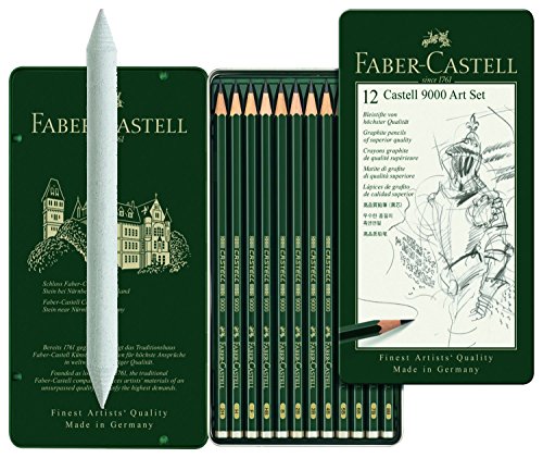 Faber-Castell 119065 Lot de 12 crayons graphite CASTELL 9000, kit art 12 pièces, contenu 8B - 2H en kit avec estompe Faber Castell 122780