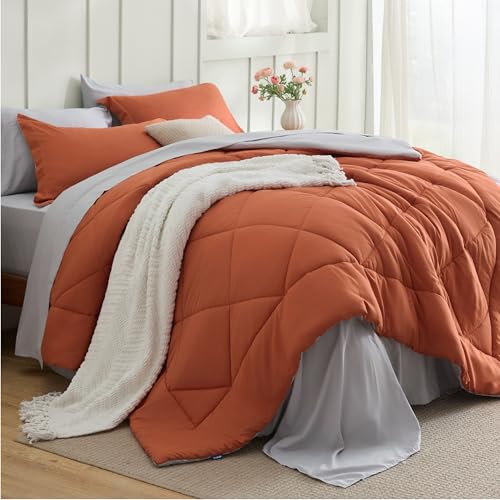 Image of Bedsure Full Size Comforter Set - 7 Pieces Reversible Burnt Orange Bedding, Full Size Bed Set for All Seasons, Bed in a Bag with Down Alternative Comforter, Sheets, Pillowcases & Shams