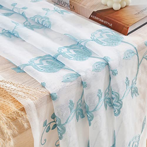 Image of Sheer Curtains Floral Embroidery Blue 84 Inch Long Rod Pocket Lace Drapes for Living room, Bedroom, 2 Panels, 52 inchx84 inch, Semi Voile Pattern Outdoor Window Treatment Sets for Yard, Patio, Villa, Parlor.