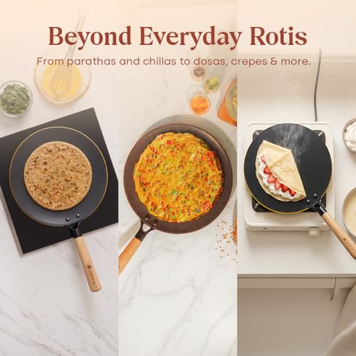 Image of CUMIN CO. Enamel Cast Iron Roti Tawa LITE | 26 cm | 5 Years Warranty | Non Toxic Non Stick Tawa for Roti /Chapati | Chemical Free Coating | No Seasoning Needed | Sarso (Mustard)