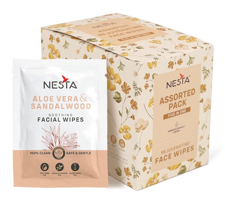 Nesta Assorted 5 Variants In 1 Daily Cleansing Face Wipes Box - Pack of 3 Boxes (3 Box x 30 Wipes = 90 wipes) | Individually Wrapped | pH Balanced | Gentle, Hydrating, Soothing
