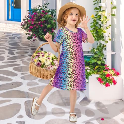 ALAZA Girls Summer Dress Short Sleeve Neon Rainbow Leopard Cheetah Casual Girls Dresses for Kids 2-8 Years4