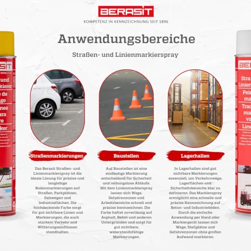 BERASIT Markierungsspray Bodenmarkierung, professioneller Straßen- und Linienmarkierer, per Hand oder mit Markierwagen nutzbar, wetterbeständig, schnell trocknend, 600 ml, Versandeinheit=1 Dose (gelb)