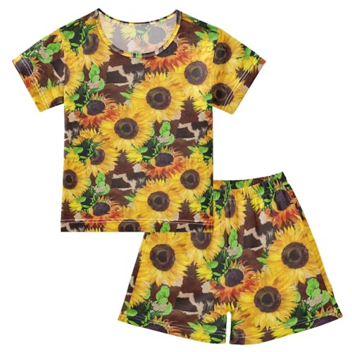 CHIFIGNO Sunflowers Brown Cotton Short SleevePajama, Pj Sets with Pocket 5Y