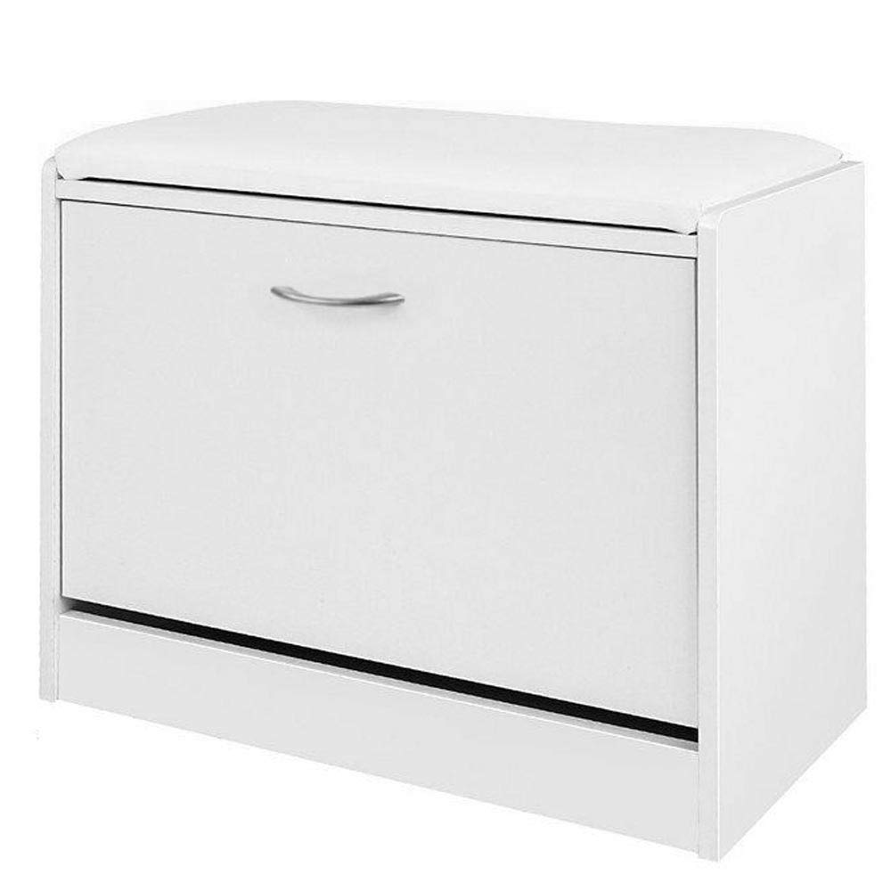 BAKAJI Banc de Rangement à Chaussures en Bois avec Porte à Rabat, Triple Profondeur et Assise en Simili Cuir, Coffre Dimensions 60 x 30 x 48 cm (Blanc)