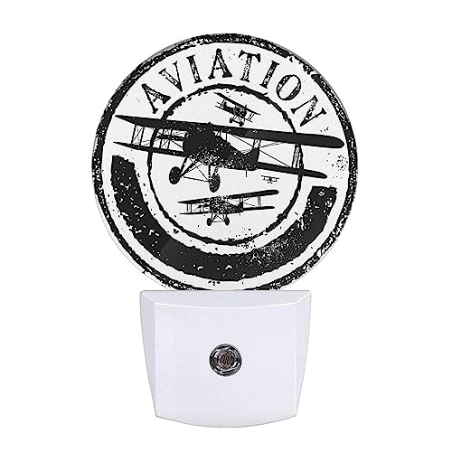 Image of Vintage Airplane Night Light Aviation Rubber Stamp Black White Night Lights Plug into Wall with Dusk to Dawn Sensor Sleep Friendly lamp for Men /Women /Girls /Boys Gift