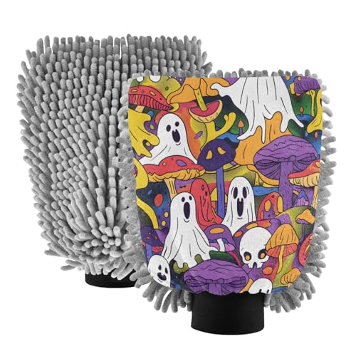 ALAZA Halloween Ghosts Mushroom Car Wash Mitt Scratch Free, 2 Pack Absorbent Microfiber/Chenille Washing & Drying Mitts, L