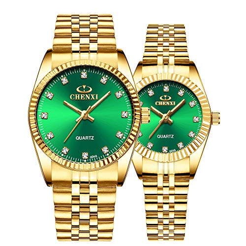 Relojes de Pulsera para Mujer Reloj de Negocios para Hombre 3ATM Impermeable Correa de Malla de Acero Inoxidable Dorada Relojes de Pareja Cuarzo para Amantes Boda Regalos románticos Conjunto de 2
