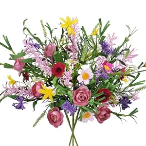 GTIDEA 3 Bundles Artificial Flowers for Decoration Faux Roses Bouquet with Daisies Fake Silk Floral Arrangement for Home Kitchen Table Vase Party Spring Wedding Decor Cemetery Flowers (19.6in)