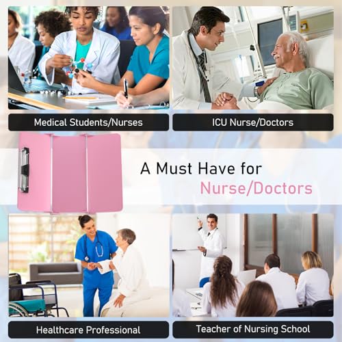 Image of Nursing Clipboard Foldable, Foldable Clip Board w /Nursing Edition Cheat Charts, 3 Layers Aluminum, Nurse Plank w /Low Profile Clip&Pen Clip Pocket for Students, Nurses and Doctors, Pink