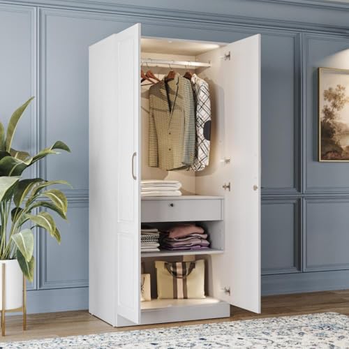 Image of Wakefit Wardrobe for Bedroom | 3 Yr Warranty | Cupboard for Bedroom, Almirah, Wooden Wardrobe, Comes with LED light, Multi-Shelves, Drawer & Hanger, Density:680-750 kg /m, Free Installation(Tyrian-FW)