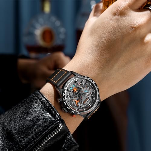 marvin Chronograph Watches for Men Swiss Mens Watch Luxury Men's Wrist Watches with Leather Strap and Weekday,Hour,Date Dial,Quartz Movement,Stainless Steel Case, Luminous,50M Waterproof2