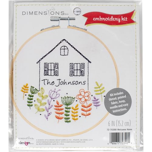 Image of Dimensions Welcome Home Embroidery Needlepoint Kit for Beginners, 6 inch Diameter Hoop, Multicolor, 5 Pieces