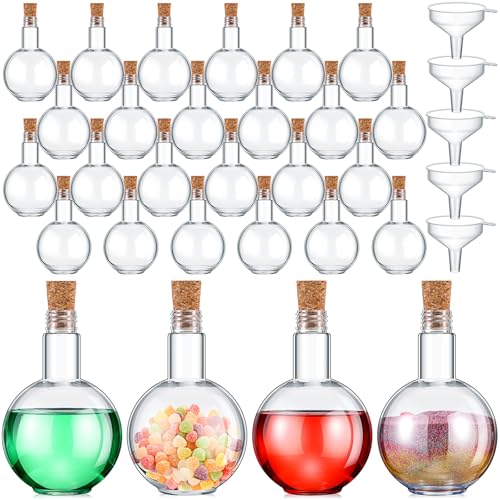 Baderke 20 Set Spherical Plastic Potion Bottles with Cork 8 oz Ball Shaped Round Sand Art Bottles with 5 Funnels Decorative Candy Jar for Halloween Sand Costume Props DIY Crafts