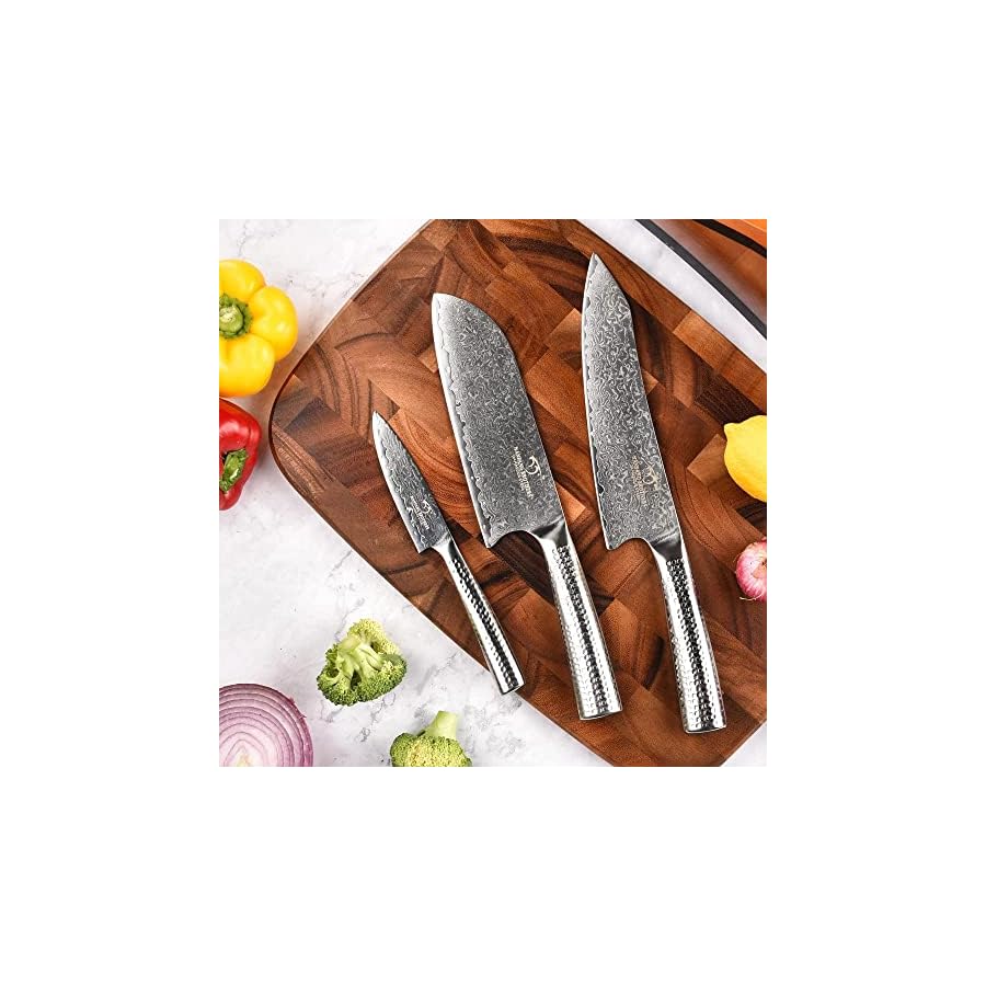 4-Pieces-Damascus-Kitchen-Knife-Set-with-Block-8-Chef-Knife-7-Santoku-Knife-35-Paring-Knife-3-Slots-Natural-Wood-Block-67-Layer-Handmade-Damascus-VG10-Steel-Core-Hammered-Ergonomic-Handle 4 Pieces Damascus Kitchen Knife Set with Block, 8” Chef Knife, 7” Santoku Knife, 3.5” Paring Knife, 3 Slots Natural Wood Block, 67 Layer Handmade Damascus VG10 Steel Core, Hammered Ergonomic Handle