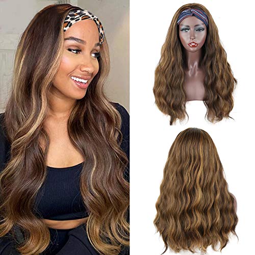 Headband Wig for Women 22 Inch Synthetic Brown Highlight Wigs Long Wavy Hair Wigs Natural Looking Headband Wigs for Daily Party Use (8H27#)