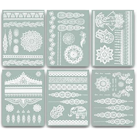 Terra Tattoos White Henna Temporary Tattoos 75+ Mandala Tattoos Flowers, Mandalas, Elephants & more! Waterproof Nontoxic Long Lasting Perfect for Beach, Festivals, & Parties Cover