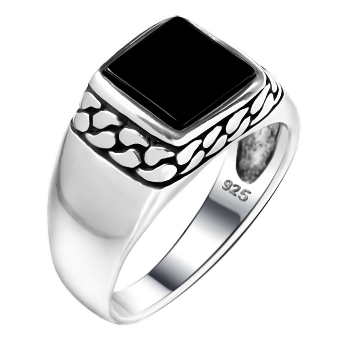 Babylon SilverGenuine Solid 925 Sterling Silver Black Onyx Stone Cuban Link Chain Design Luxury Ring for Men