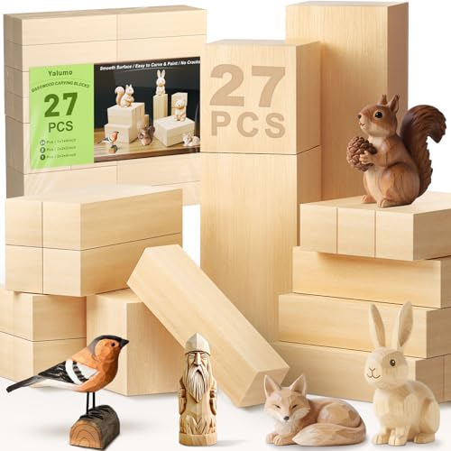 Yalumo 27 Pcs Basswood Carving Blocks, Whittling Wood Carving Kit with 3 Different Sizes and Pattern Sticker, Soft Unfinished Wooden Blocks for Crafts Beginners Kids Adults