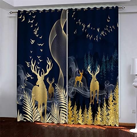 Eyelet Curtains For Living Room Soft Thermal Insulated Blackout Curtains 3D Abstract Forest Golden Elk Pattern Window Treatment For Kids Bedroom Home Decoration 117X230Cm 2 Panels Cover