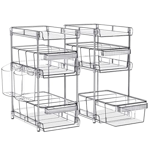 Clear Bathroom Organizers 2 Sets 3 Tier, Pull Out Organizer and Storage with 2 Cups, Slide Out Drawer Storage Container with 6 Dividers, Multi-Purpose Bathroom Organizer, Kitchen Under Sink Organizer