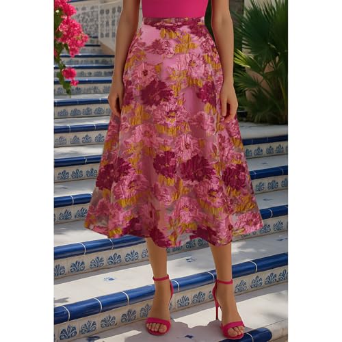 CHICWISH Women Floral Jacquard Flared Skirts High Waist A-Line Casual Garden Party Vintage Swing Midi Skirt2
