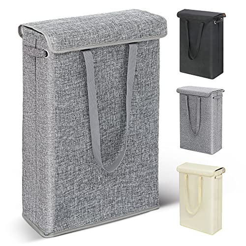 Image of TEAYINGDE slim Laundry Basket with Lid, Tall Thin Laundry Hamper with Handles, Waterproof Lining Narrow Dirty Clothes Hamper for Bathroom Bedroom Dorm Organization Storage, 45L Grey