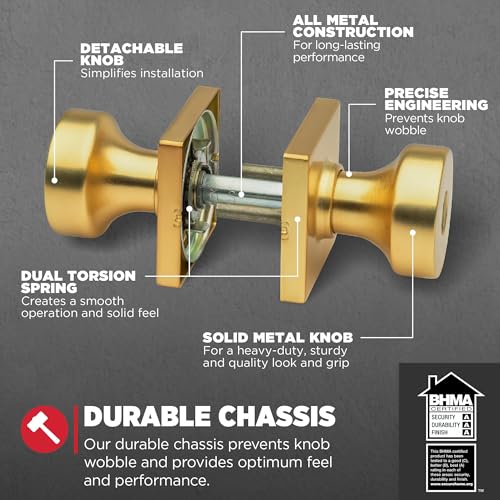 Image of Kwikset Pismo Entry Door Knob with Lock and Key, Secure Keyed Handle Exterior Doorknob, Front Entrance and Bedroom, Satin Brass, Square, Pick Resistant SmartKey Rekey Security, Microban Protection