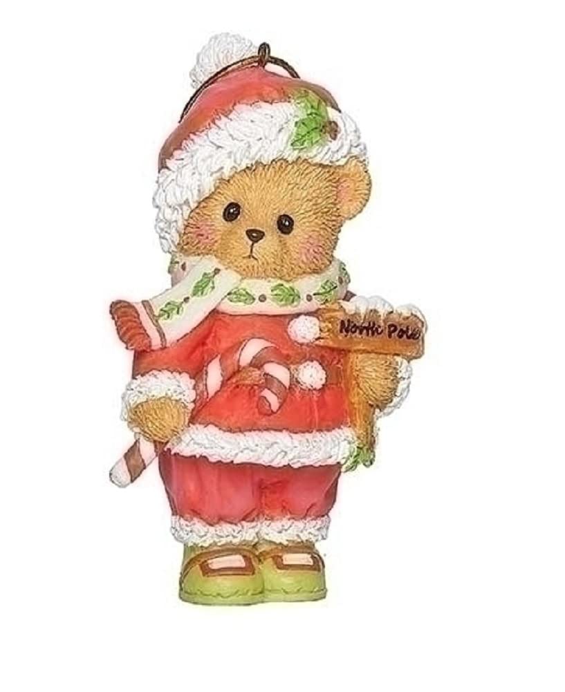 Roman Inc. Cherished Teddies 3.75'' H Santa Bear Holding Candy Cane and North Pole Sign Christmas Decoration Ornament, Decorative Item 135573