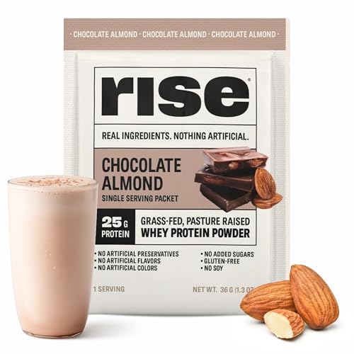 Image of Rise Grass-Fed Whey Protein Powder - Chocolate Almond | 25g Protein No Artificial Flavors, Colors, or Preservatives - Sugar Free, Gluten-Free, Soy Free (Single Serving, 1 Pack)