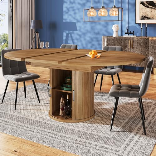Easexcy Mesa de Comedor Extensible, Mesa de Cocina, Mesa de balcón, Mesa de Comedor Redonda, Extensible a Ovalada, 118-158 cm, Capacidad para 6 Personas (Nogal)