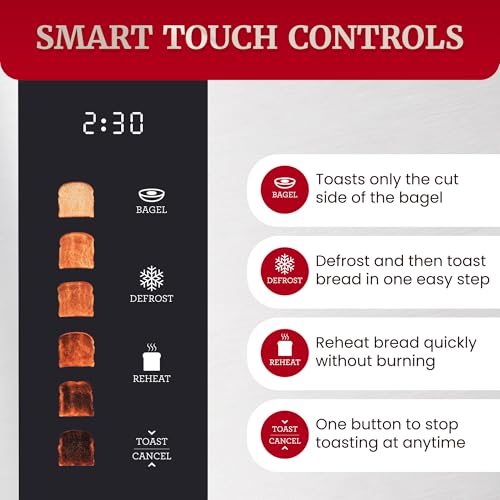 Image of Elite Gourmet ECT2470 2-Slice Automatic Motorized Toaster, No-Lever Digital Touchscreen, Extra-Wide Slots, 6 Browning Levels, Bagel /Defrost /Reheat, Stainless Steel
