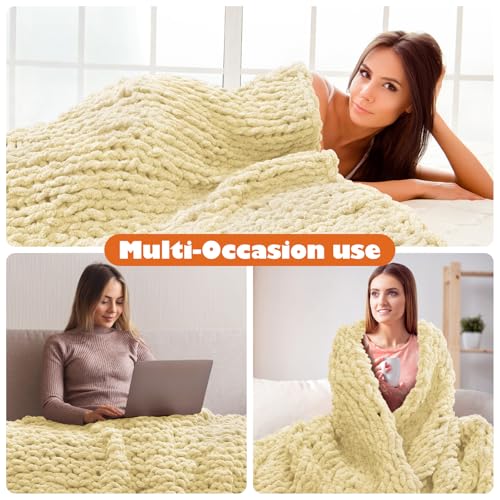 Chunky Knit Blanket Throw, 50x60inch Soft Chenille Yarn Throw, Handmade Warm Thick Cable Knit Crochet Blanket, Large Rope Knot Throw Blanket for Couch Bed Sofa,Beige - Image 7