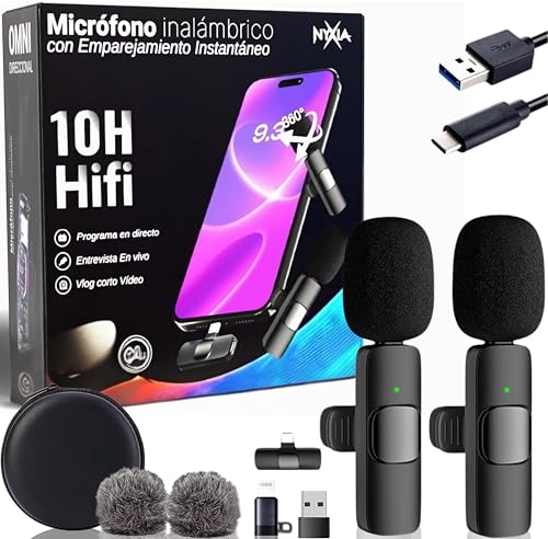 Nyxia® 2 Pack Microfono Inalambrico | Micrófono Solapa Wireless | Plug&Play, para iPhone Android iPad PC | Reducción de Ruido | Sonido Profesional | Movil Streaming Youtube TikTok Instagram Podcast