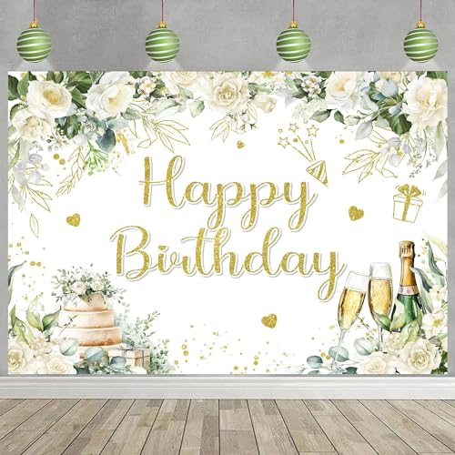 Image of Happy Birthday Banner Sage Green Birthday Decoration Backdrop 72x44inch White Flower Floral Greenery Eucalyptus Leaves Birthday Party Background Sprinkle Gold Dots Party Decorations for Women Adults