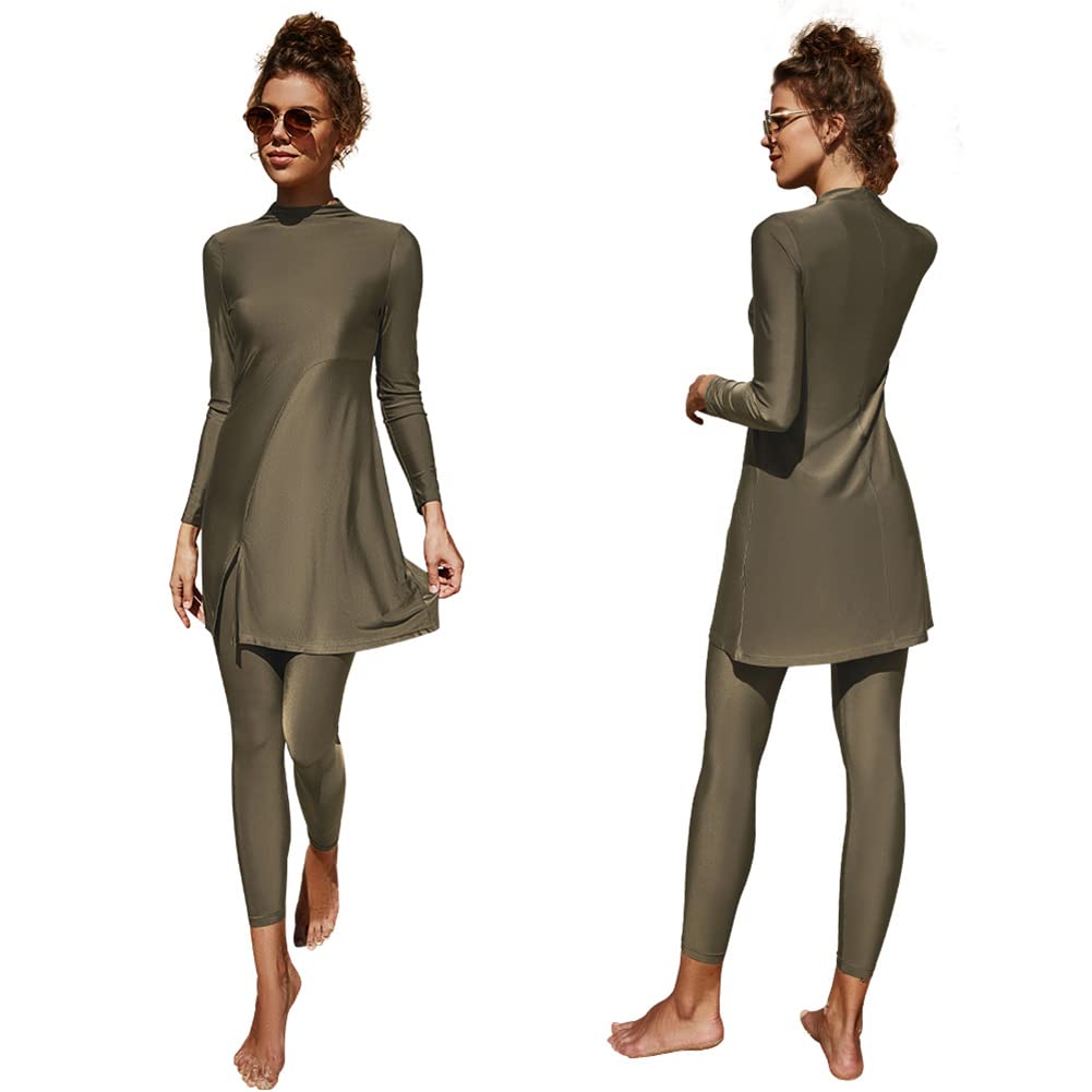 Muslim Swimsuits for Women Modest Islamic Swimwear Burkini Full Cover Long Sleeve Muslim Dress Tops + Pants Set Swim Costume Sun Protection Rash Guard Set Two Piece Bathing Suits Army Green - Split M