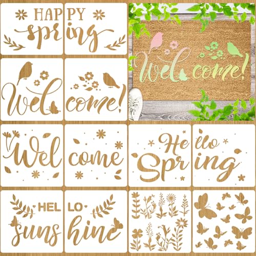 12Pcs Spring Stencils for Door Mats Reusable Hello Spring Welcome Stencils for Painting Flower Butterfly Bird Drawing Templates for Painting on Wood Signs Doormat Door Hanger Canvas DIY Art Crafts