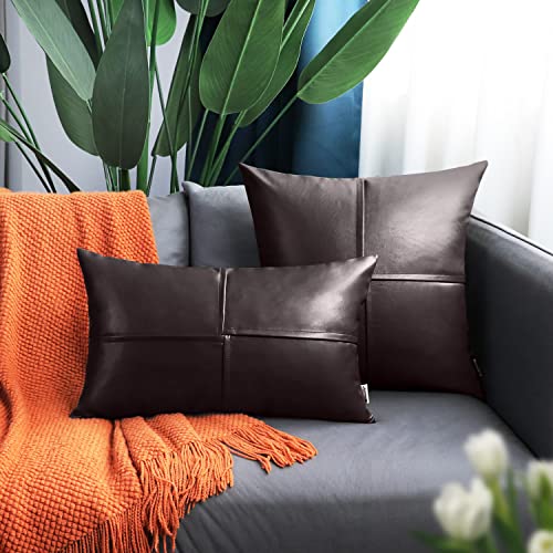 Image of BRAWARM Faux Leather Throw Pillow Covers 18 X 18 Inches, Brown Leather Pillow Covers Pack of 2, Hand Stitched Leather Decorative Throw Pillows for Couch Sofa Bed Living Room Home Garden