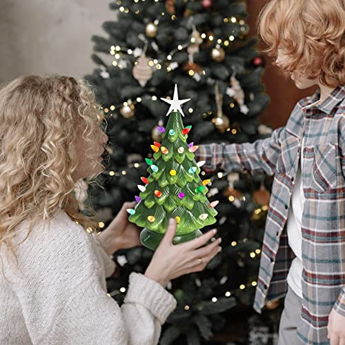 Small Ceramic Christmas Tree Hand-Painted Vintage Tabletop Christmas Tree Holiday Decoration With Multi-Color Lights Green Christmas Tree 12.2 Inch #TOP5