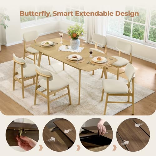 Image of CHITA 47 inch-59 inch Extendable Dining Room Table for 4, Modern Wood Dining Table for Small Spaces, Kitchen, Space Saving Hidden Leaves, Solid Rubberwood Frame, Oak Veneer