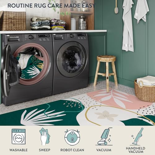 Lahome Area Rugs 4x6 Washable Soft Bedroom Rugs - Non-Slip Ultra-Thin Rugs for Entryway Stain Resistant Floor Rug, Boho Botanical Print Indoor Rug for Living Room Kitchen Office (4'x6',Green/Pink)