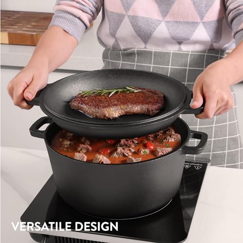 Navaris Pentola in Ghisa da Forno con Coperchio - Pentole e Padelle per Cuocere il Pane - Forno Olandese 4,7 l Ø 26 cm - Casseruola 2 Manici 2-in-1 - per Ogni Piano Cottura - Nero - immagine 3