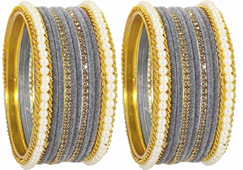 NMII Metal with Zircon Gemstone and Pearls Studded Velvet Bangle Set for Women and Girls,(Grey-2.6),Pack Of 20 Bangles Set