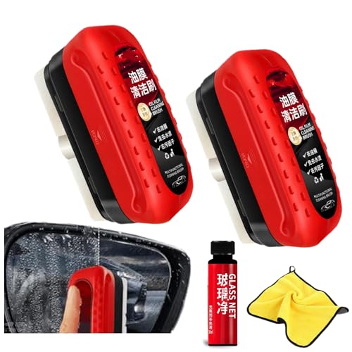 Baeleega 2 in 1 Car Glass Oil Film Cleaner, Glass Cleaning Board, Automotive Oil Film Cleaning Brush Wipe On Glass Windshield Cleaning Tool Improves Clarity and Visibility (2Pcs, Brush+Liquid+mop)