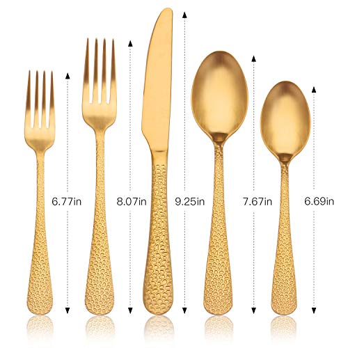 GIOCOCO Hammered Matte Gold Silverware Set 20-Piece, Premium Stainless Steel Utensil Set, Tableware Cutlery Set Service for 4, Flatware Set include Knife/Spoon/Fork, Dishwasher Safe.