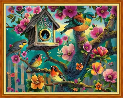 Image of Funchey Stamped Cross Stitch Kits, DIY Cross Stitch Pattern for Adults Beginners Needlepoint Kits Embroidery Kit Arts and Crafts 11CT&Little Bird House 16x20 inch