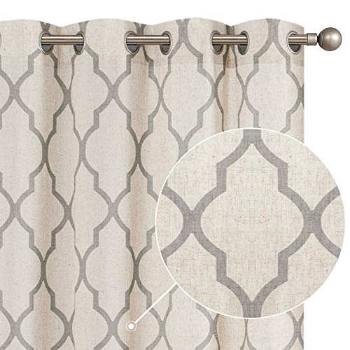 jinchan Linen Moroccan Tile Curtains - Geometric for Bedroom & Living Room, Light Filtering Lattice Drapes - Grommet, 54 Inch Length, 2 Panels Set - G