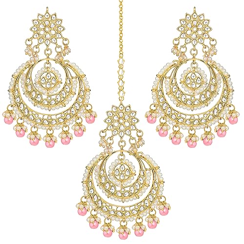 Image of Peora Traditional Jewellery Rhodium Kundan & Pearl Maang Tikka Earring Set for Women Girls